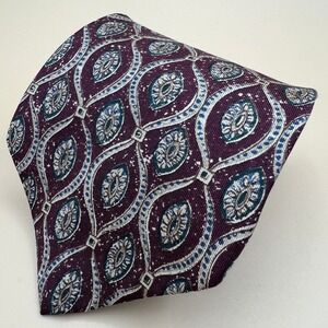 Tommy Hilfiger Mens Silk Tie Burgundy Navy Blue Geometric Medallion Italian Silk